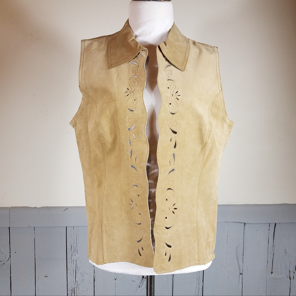 Leather Tooled Tan Vest urban cowgirl cut out